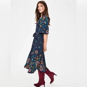 NEW Boden Emelie Floral Tie Blue Pink Gold Midi Dress Sz 10 $175